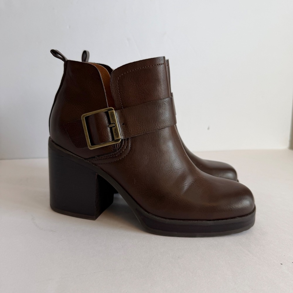 Korks Brown Leather Ankle‎ Boots 7 Block Heel Platform Buckle Booties